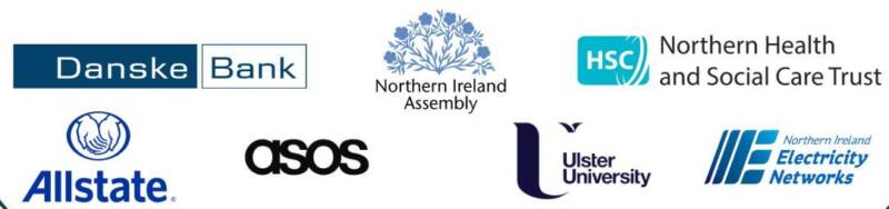 A range of organsation logos who have all completed Impact Award; including Danske Bank, NI Assembly, NHSCT, Allstate, ASOS, Ulster Uni and NIE Networks.