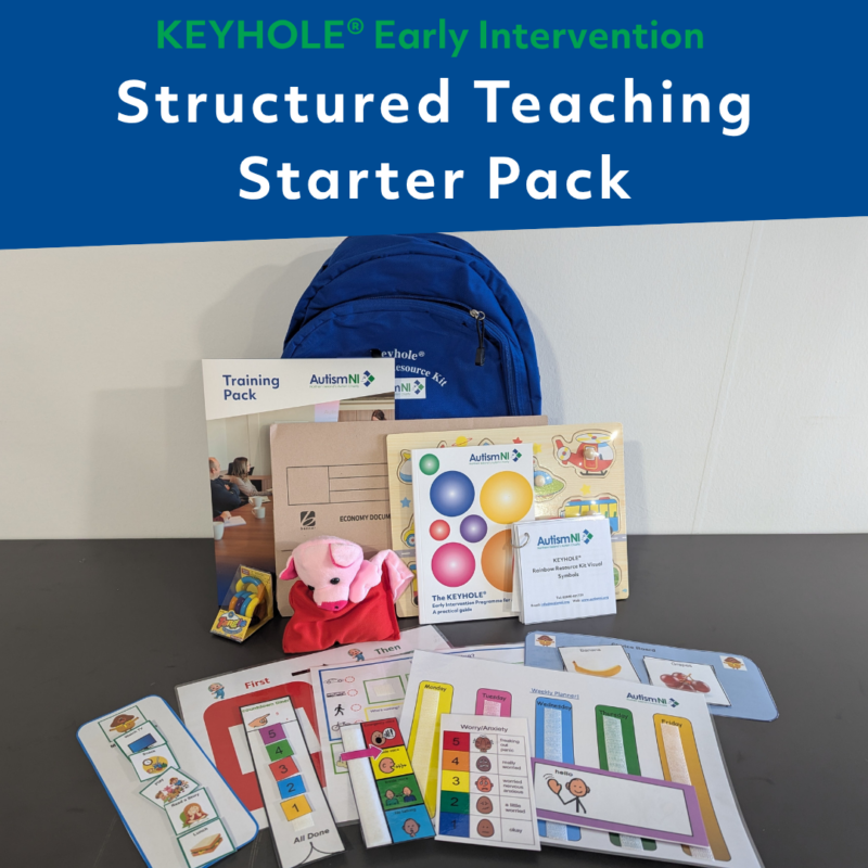Keyhole structured teaching starter pack: a backpack containing various booklets, resources, toys and visuals that is included in the Keyhole training programme.