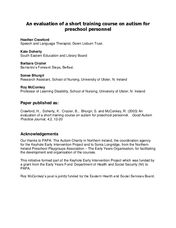 An Evaluation of a Short Training Course on Autism for Preschool Personnel (2003)