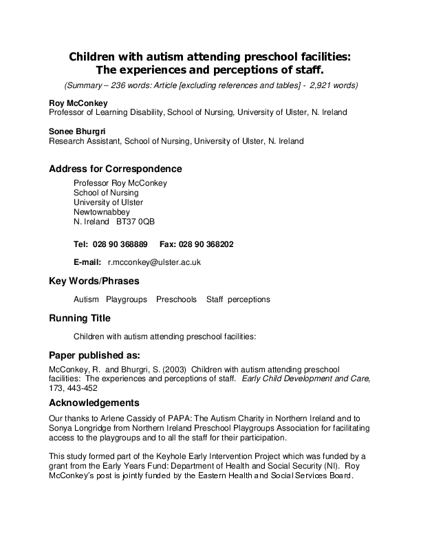 Children with Autism Attending Preschool Facilities: The Experiences and Perceptions of Staff (2003)