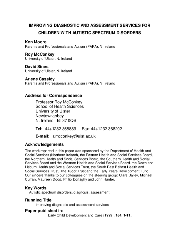 Improving Diagnostic and Assessment Services for Autistic Spectrum Disorders (1999)