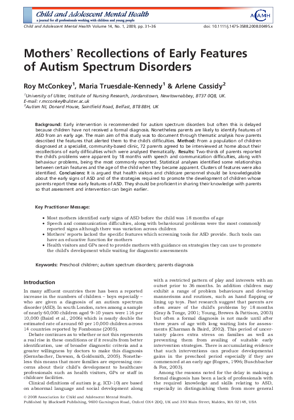 Mothers Recollections of Early Features of Autism Spectrum Disorders (2008)