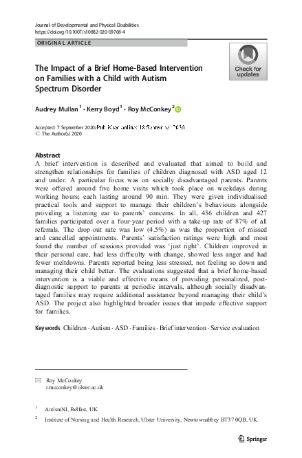 The Impact of a Brief Home-Based Intervention on Families with A Child with Autism Spectrum Disorder (2020)