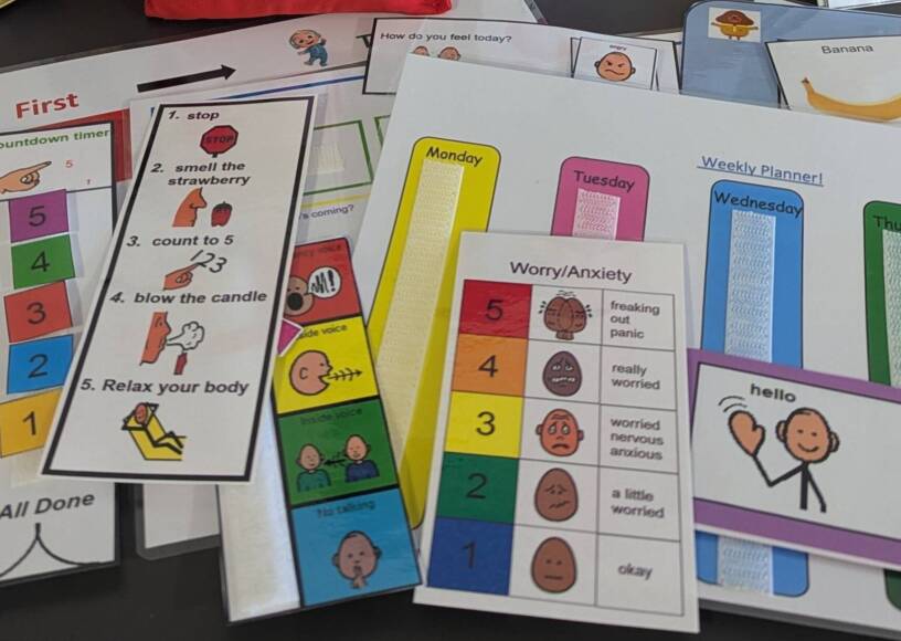 Contents of the Keyhole bag, including folders, toys and a range of visual supports.