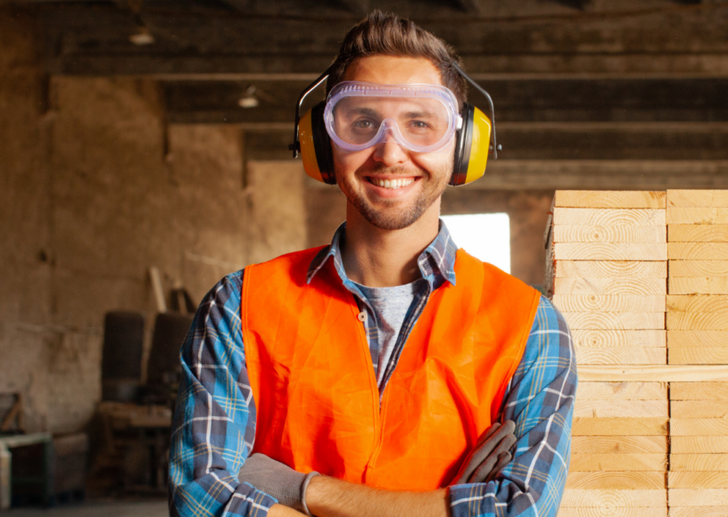 A man wearing ear defenders and a hi-vis vest, standing in his workplace.