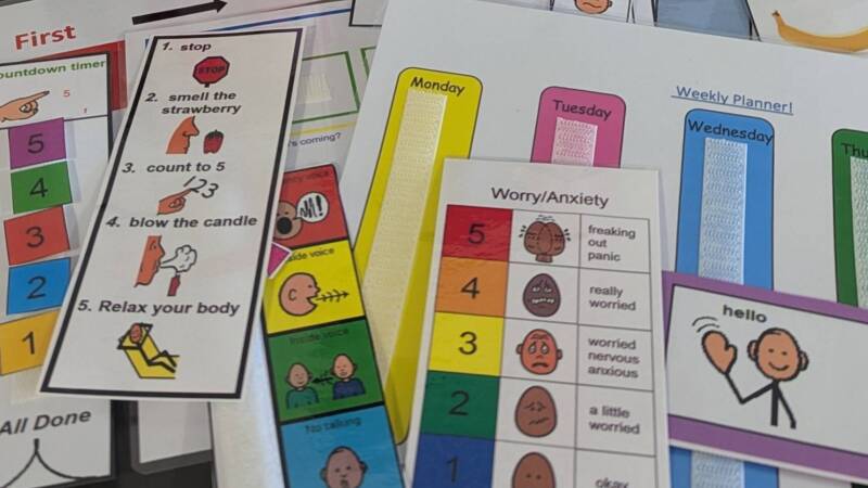 Contents of the Keyhole bag, including folders, toys and a range of visual supports.