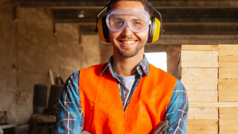 A man wearing ear defenders and a hi-vis vest, standing in his workplace.